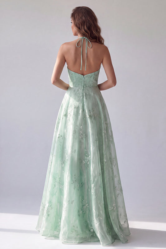 A Line Green Floral Halter Backless Long Formal Dress