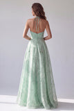 A Line Green Floral Halter Backless Long Formal Dress