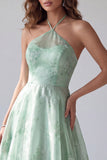 A Line Green Floral Halter Backless Long Formal Dress