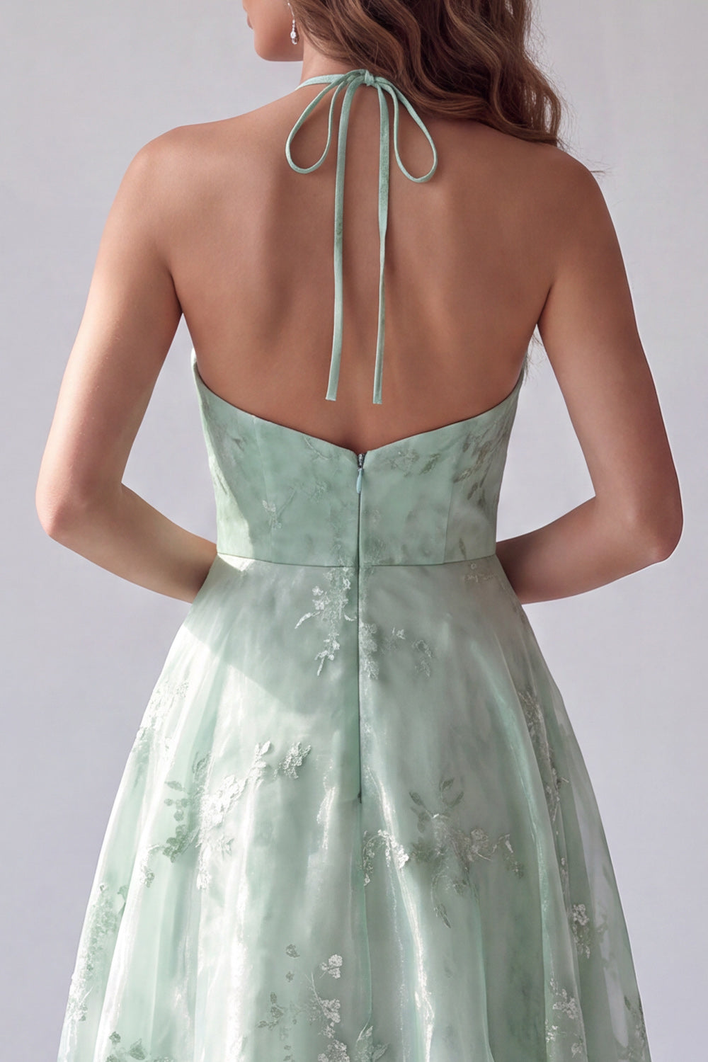 A Line Green Floral Halter Backless Long Formal Dress