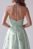 A Line Green Floral Halter Backless Long Formal Dress