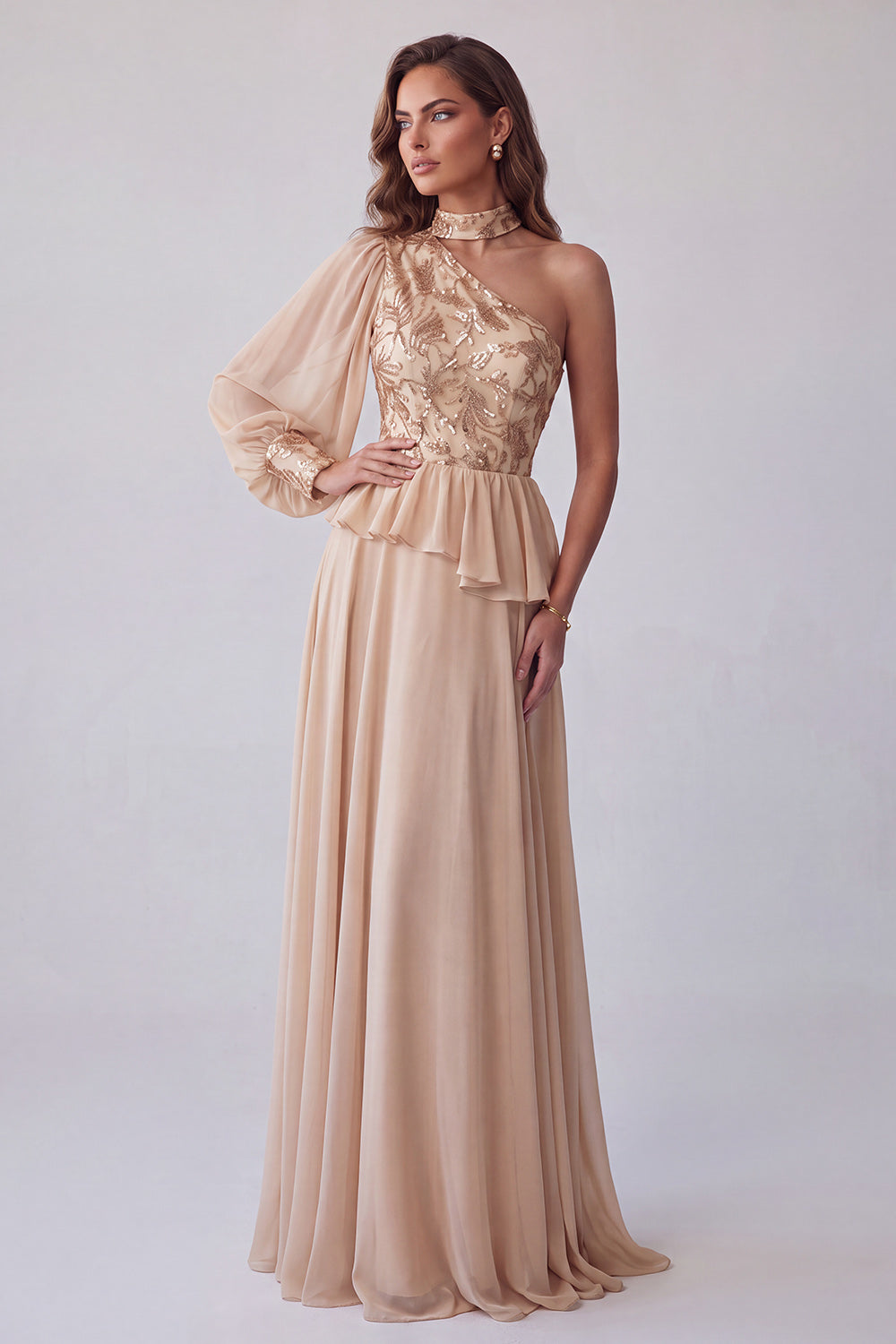 A Line Champagne Floral Sequin Sparkly Long Formal Dress with Sleeve