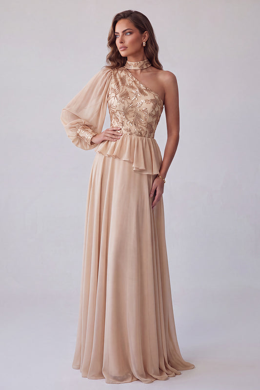 A Line Champagne Floral Sequin Sparkly Long Formal Dress with Sleeve
