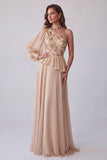 A Line Champagne Floral Sequin Sparkly Long Formal Dress with Sleeve