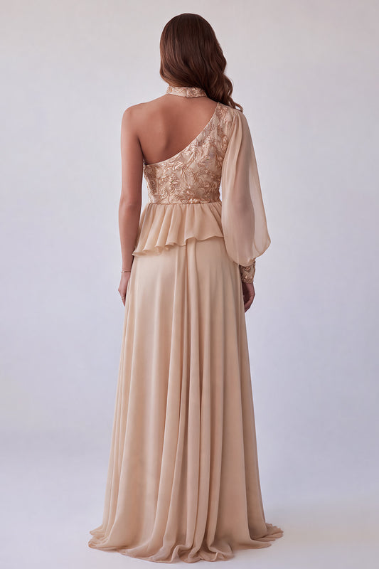 A Line Champagne Floral Sequin Sparkly Long Formal Dress with Sleeve