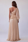 A Line Champagne Floral Sequin Sparkly Long Formal Dress with Sleeve