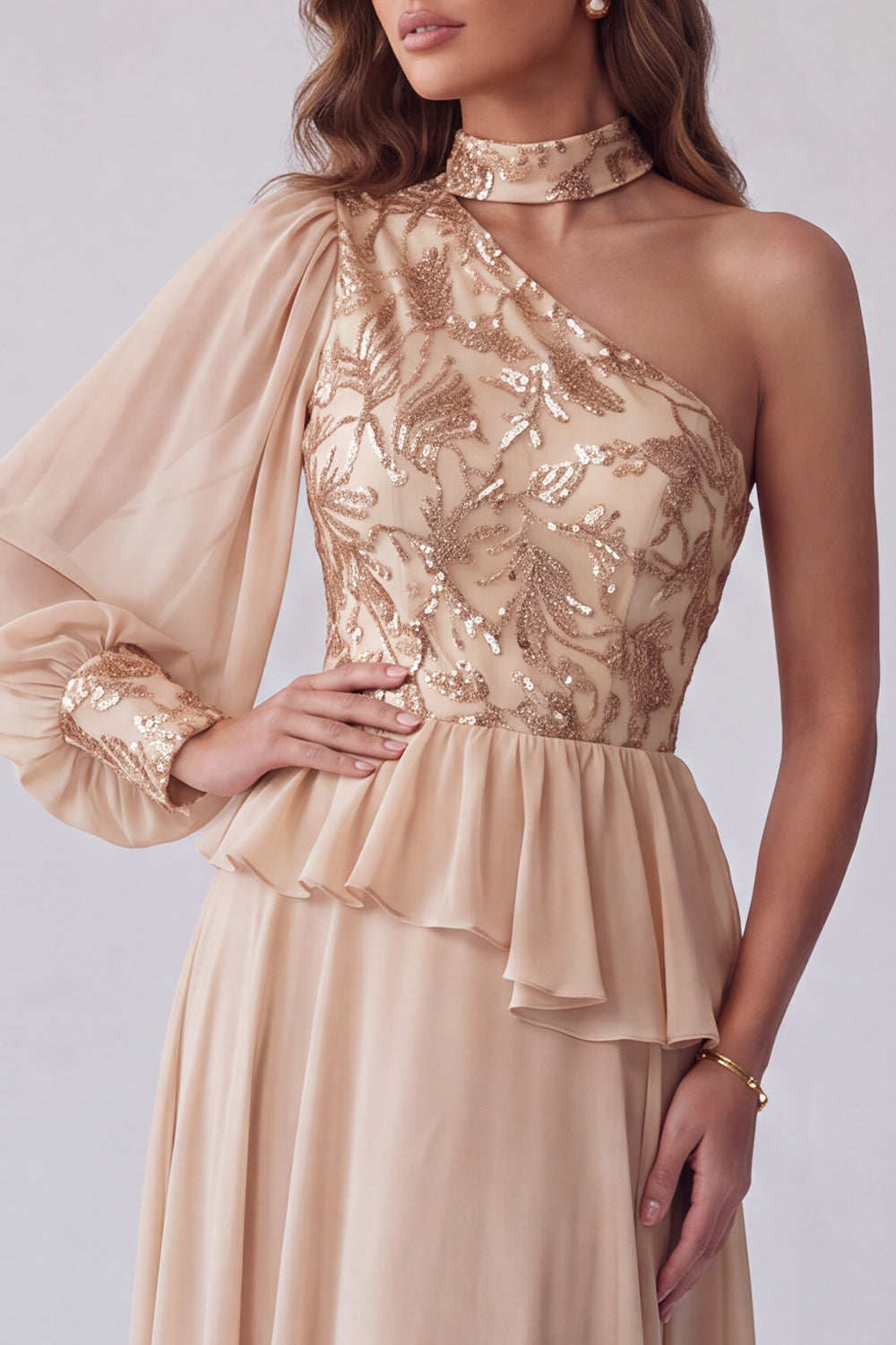 A Line Champagne Floral Sequin Sparkly Long Formal Dress with Sleeve