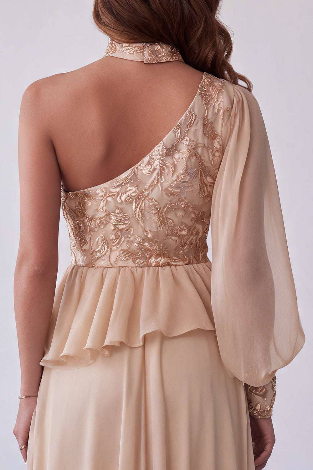 A Line Champagne Floral Sequin Sparkly Long Formal Dress with Sleeve