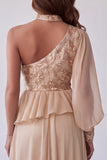 A Line Champagne Floral Sequin Sparkly Long Formal Dress with Sleeve