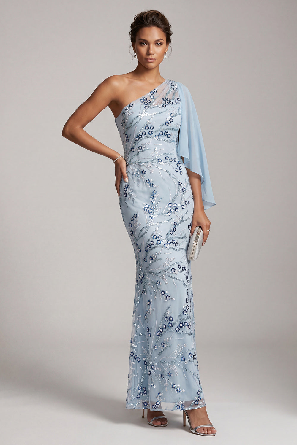 Sky Blue Mermaid One Shoulder Floral Long Mother of the Bride Dress with Side Cape