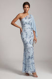 Sky Blue Mermaid One Shoulder Floral Long Mother of the Bride Dress with Side Cape
