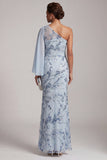 Sky Blue Mermaid One Shoulder Floral Long Mother of the Bride Dress with Side Cape