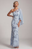 Sky Blue Mermaid One Shoulder Floral Long Mother of the Bride Dress with Side Cape