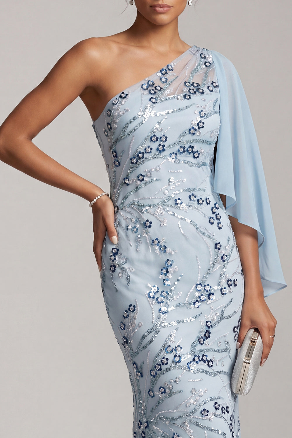 Sky Blue Mermaid One Shoulder Floral Long Mother of the Bride Dress with Side Cape