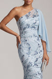 Sky Blue Mermaid One Shoulder Floral Long Mother of the Bride Dress with Side Cape