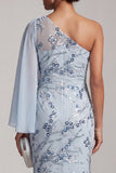 Sky Blue Mermaid One Shoulder Floral Long Mother of the Bride Dress with Side Cape