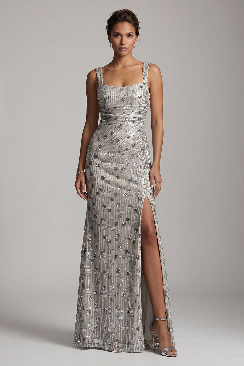 Sparkly Silver Sheath Square Neck Ruched Long Mother of the Bride Dress with Slit