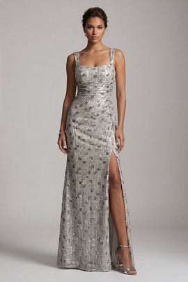 Sparkly Silver Sheath Square Neck Ruched Long Mother of the Bride Dress with Slit