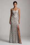 Sparkly Silver Sheath Square Neck Ruched Long Mother of the Bride Dress with Slit