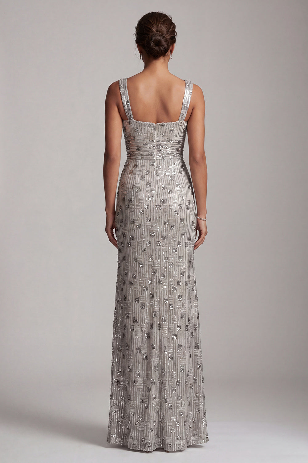Sparkly Silver Sheath Square Neck Ruched Long Mother of the Bride Dress with Slit