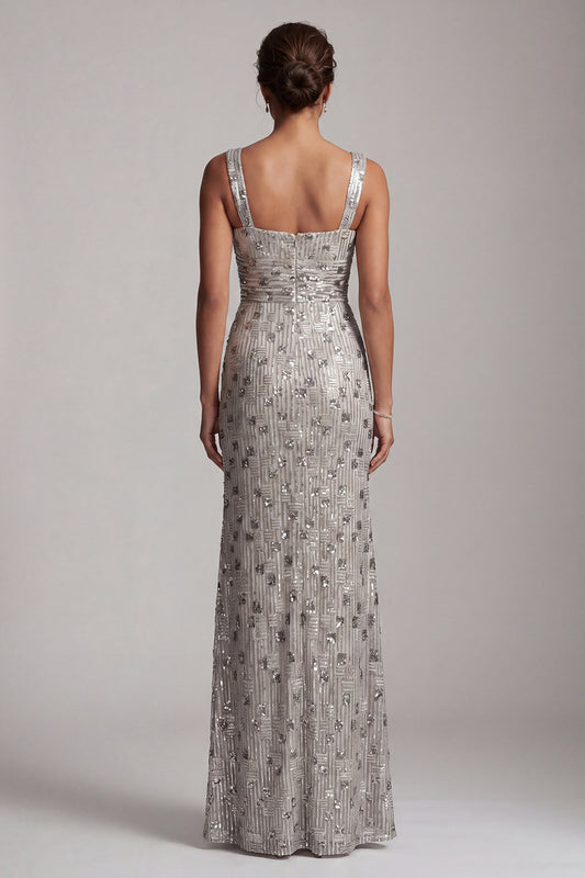 Sparkly Silver Sheath Square Neck Ruched Long Mother of the Bride Dress with Slit