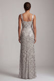Sparkly Silver Sheath Square Neck Ruched Long Mother of the Bride Dress with Slit