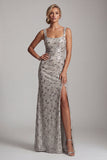 Sparkly Silver Sheath Square Neck Ruched Long Mother of the Bride Dress with Slit