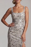 Sparkly Silver Sheath Square Neck Ruched Long Mother of the Bride Dress with Slit