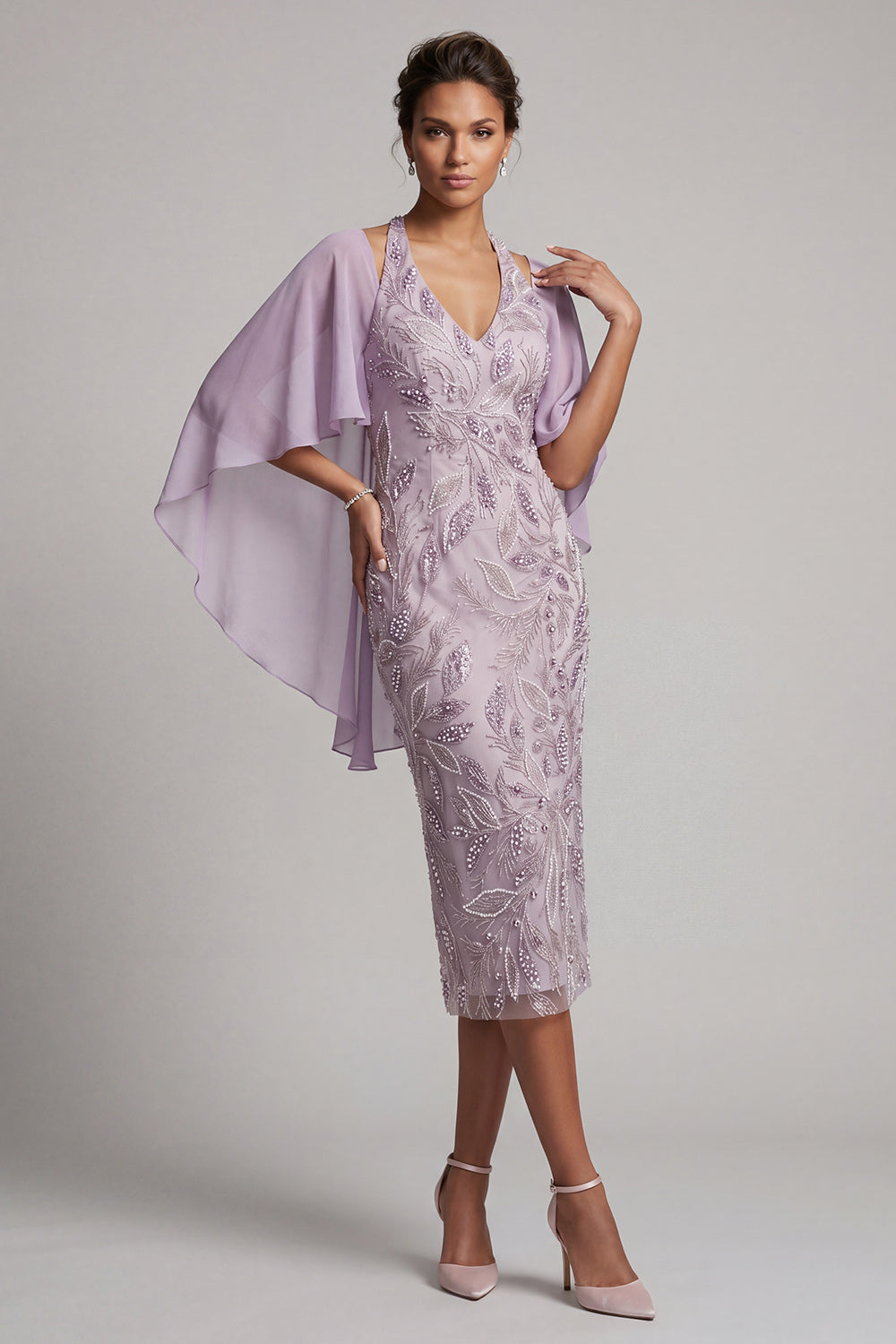 Lilac Pencil Halter Floral Beaded Midi Mother of the Bride Dress with Cape