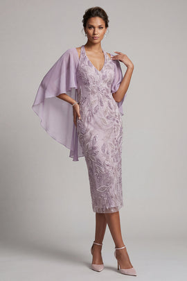 Lilac Pencil Halter Floral Beaded Midi Mother of the Bride Dress with Cape