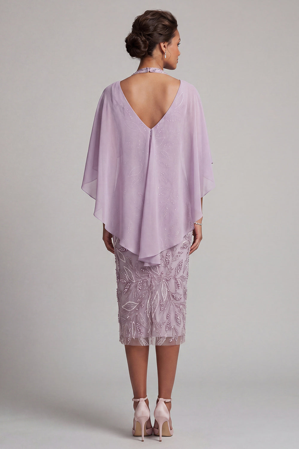 Lilac Pencil Halter Floral Beaded Midi Mother of the Bride Dress with Cape