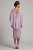 Lilac Pencil Halter Floral Beaded Midi Mother of the Bride Dress with Cape