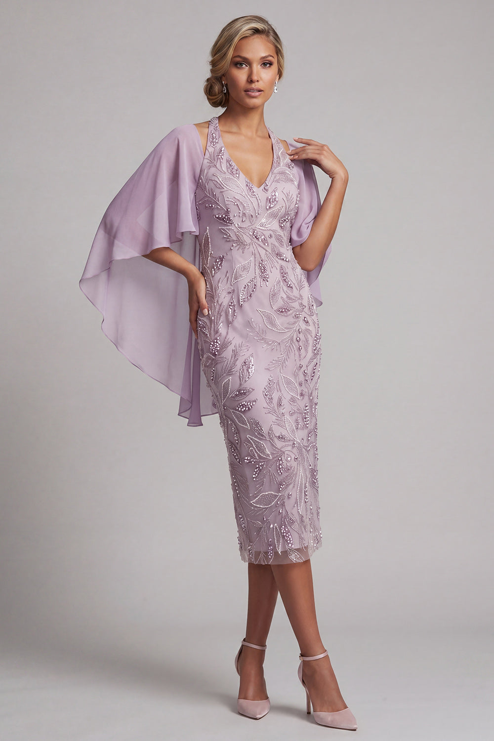 Lilac Pencil Halter Floral Beaded Midi Mother of the Bride Dress with Cape