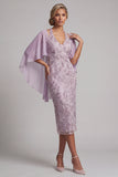 Lilac Pencil Halter Floral Beaded Midi Mother of the Bride Dress with Cape