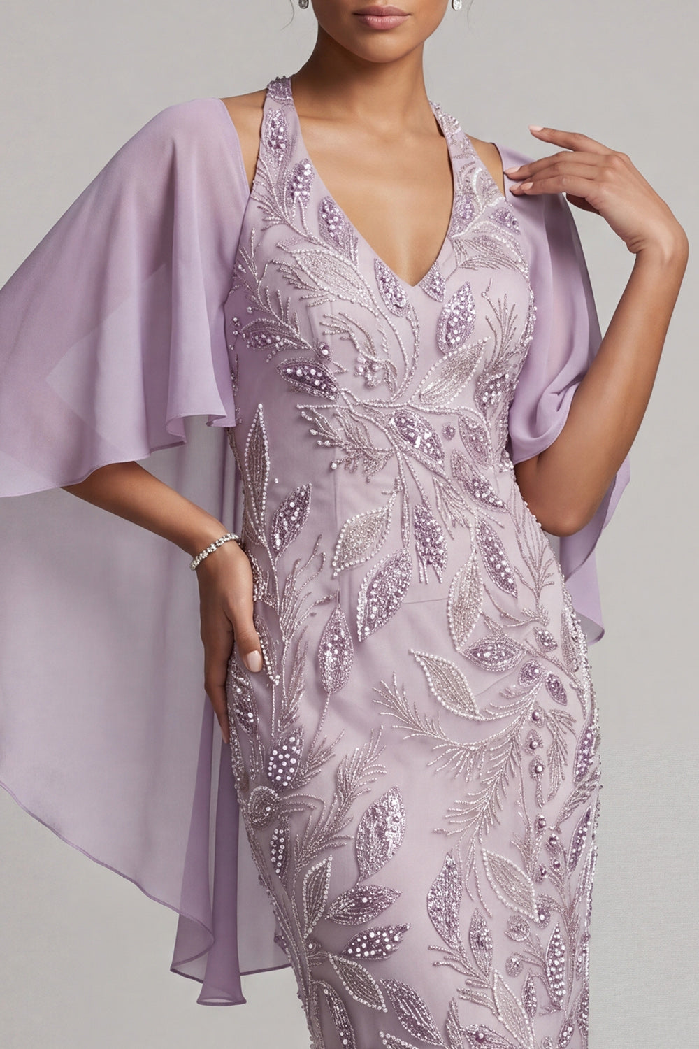 Lilac Pencil Halter Floral Beaded Midi Mother of the Bride Dress with Cape
