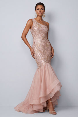 Pink Mermaid One Shoulder Tiered Sequins Long Mother of the Bride Dress