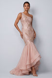 Pink Mermaid One Shoulder Tiered Sequins Long Mother of the Bride Dress