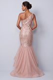 Pink Mermaid One Shoulder Tiered Sequins Long Mother of the Bride Dress