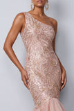 Pink Mermaid One Shoulder Tiered Sequins Long Mother of the Bride Dress