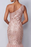 Pink Mermaid One Shoulder Tiered Sequins Long Mother of the Bride Dress