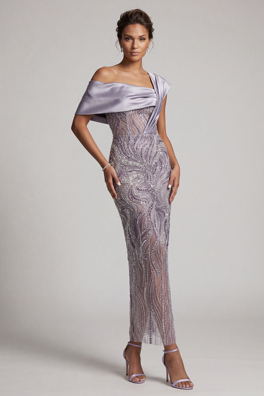 Sparkly Lilac Sheath Beaded Asymmetrical Neck Long Mother of the Bride Dress