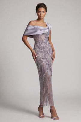 Sparkly Lilac Sheath Beaded Asymmetrical Neck Long Mother of the Bride Dress