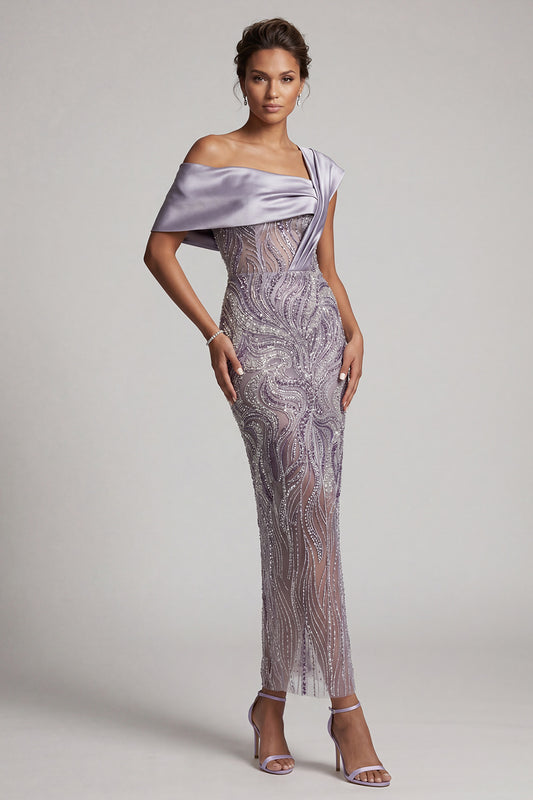 Sparkly Lilac Sheath Beaded Asymmetrical Neck Long Mother of the Bride Dress