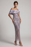 Sparkly Lilac Sheath Beaded Asymmetrical Neck Long Mother of the Bride Dress