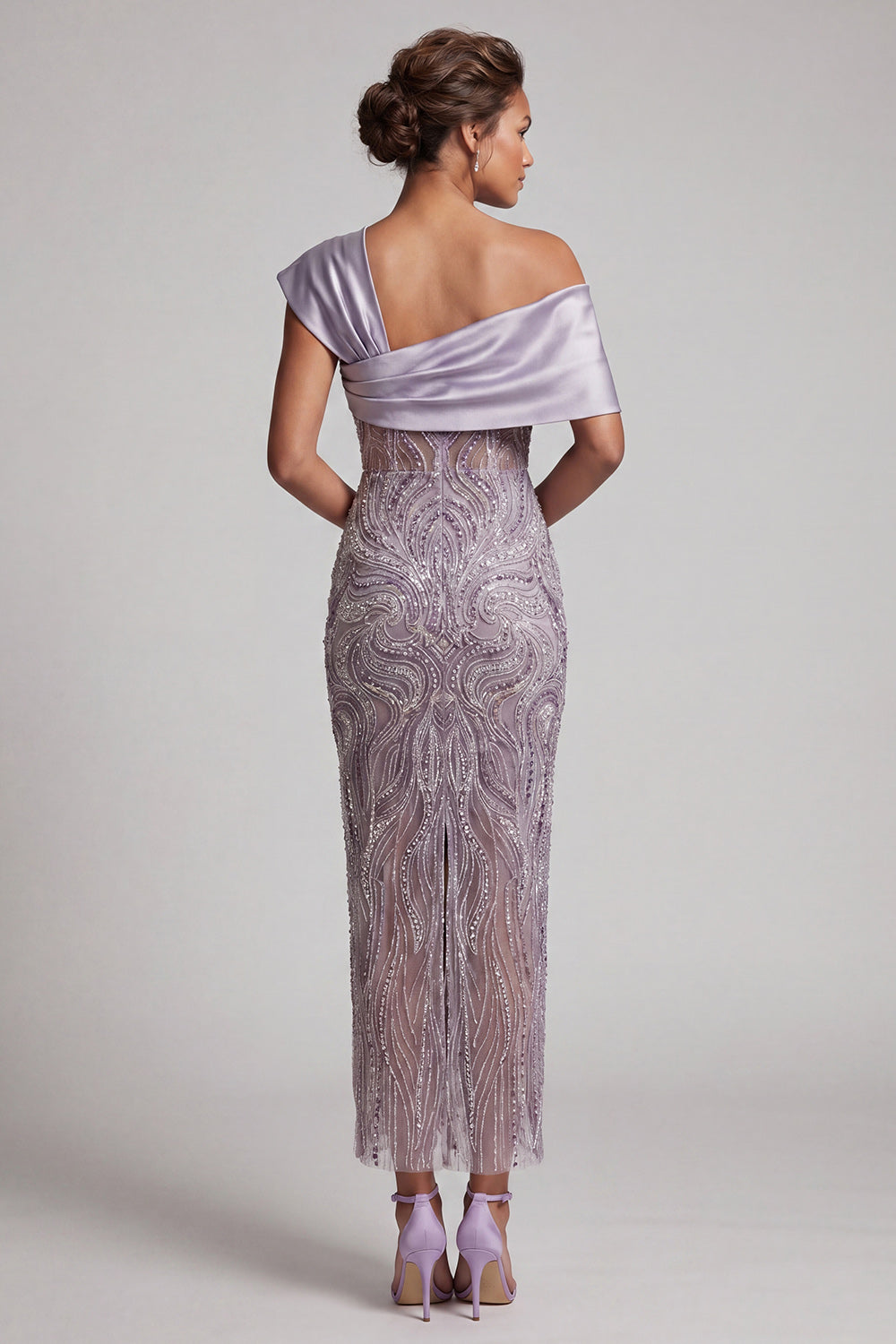 Sparkly Lilac Sheath Beaded Asymmetrical Neck Long Mother of the Bride Dress