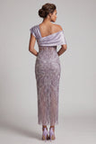 Sparkly Lilac Sheath Beaded Asymmetrical Neck Long Mother of the Bride Dress