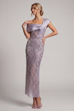Sparkly Lilac Sheath Beaded Asymmetrical Neck Long Mother of the Bride Dress