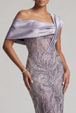 Sparkly Lilac Sheath Beaded Asymmetrical Neck Long Mother of the Bride Dress