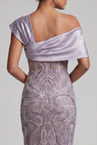 Sparkly Lilac Sheath Beaded Asymmetrical Neck Long Mother of the Bride Dress