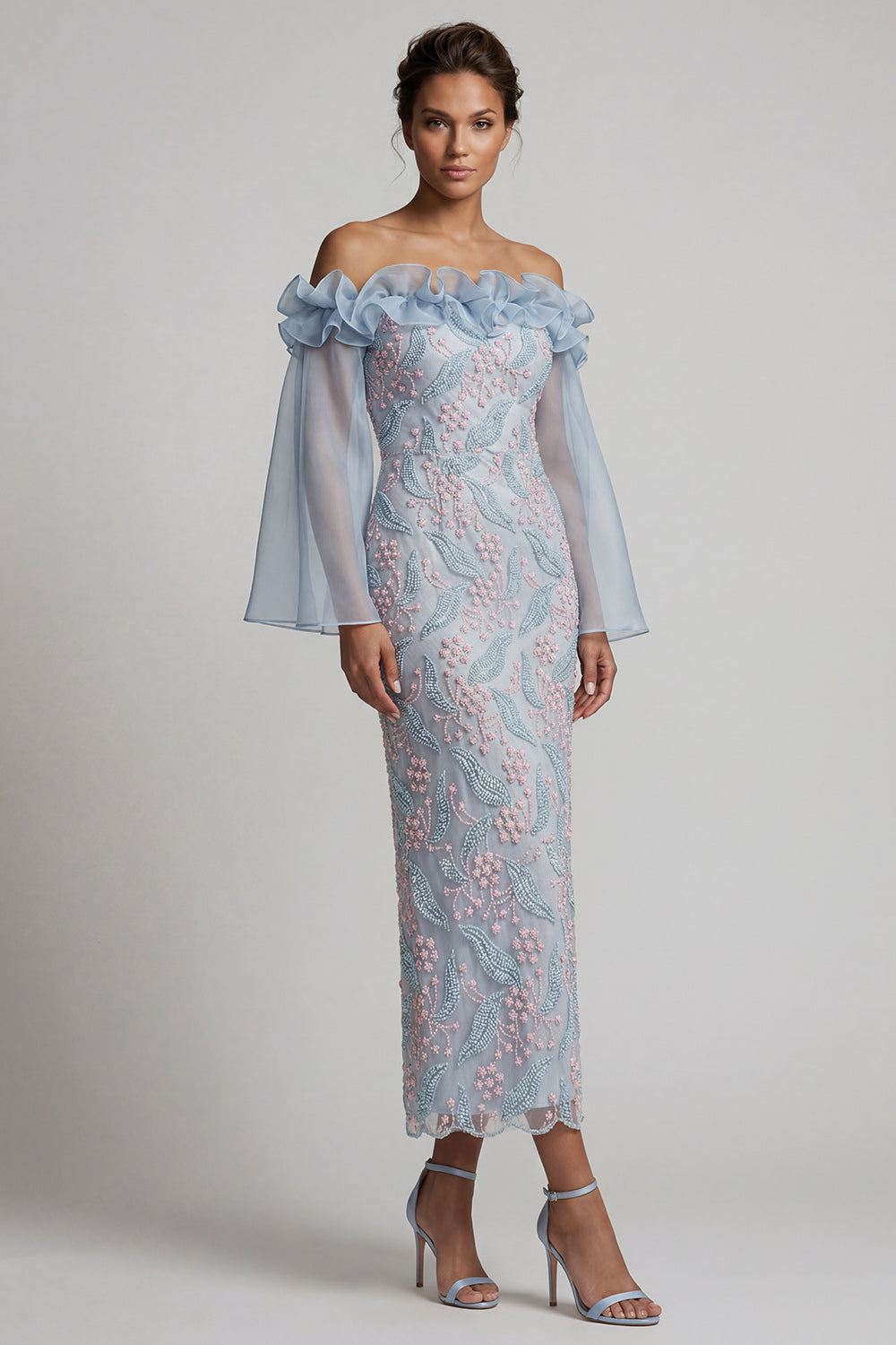 Dusty Blue Sheath Off the Shoulder Ruffled Midi Floral Mother of the Bride Dress